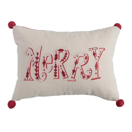 Lumbar Pillow with Embroidery, Beads, Pom Poms & Velvet Back