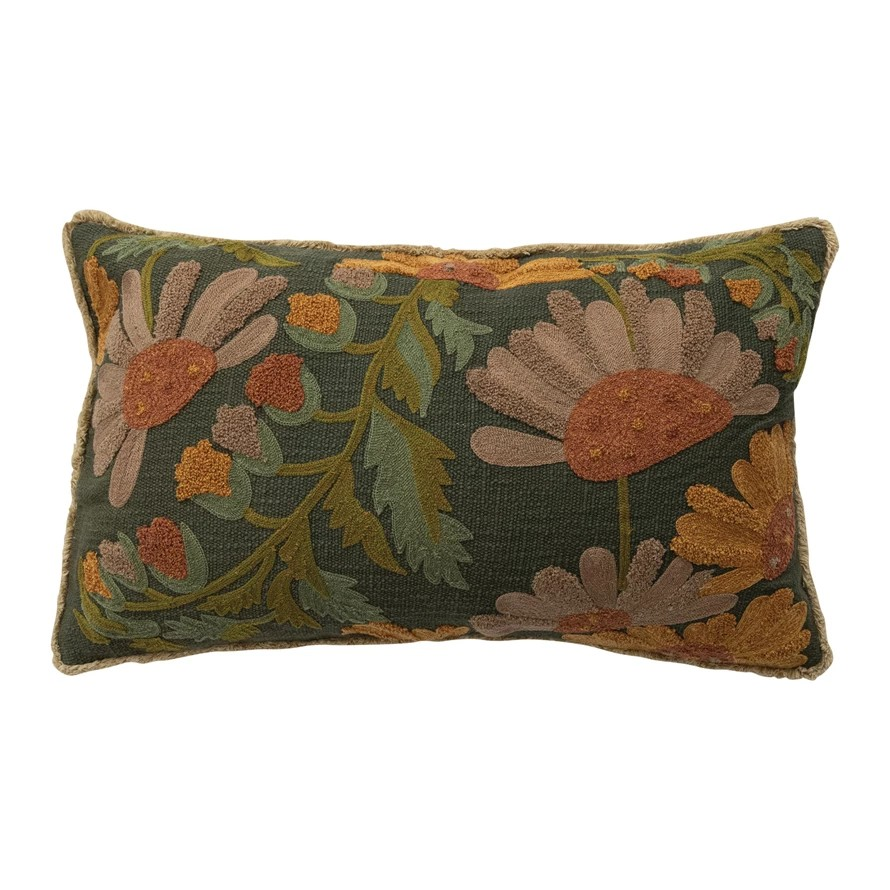Cotton Slub Embroidered Pillow with Flowers & Fringe