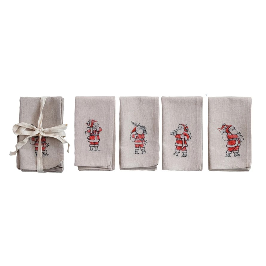 Napkins with Embroidered Santa Image | Natural | Set of 4